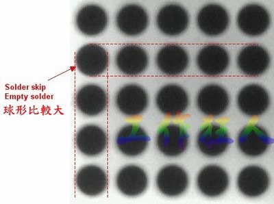現在我畫(huà)幾條直線你再看看是否有發現那一顆BGA的(de)錫球比較大(dà)，有空焊的(de)可(kě)能？